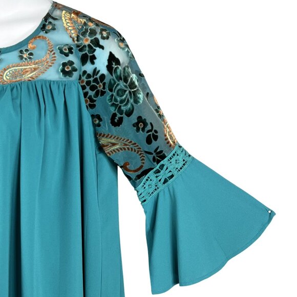 Umgee Womens L Boho Floral Velvet Burn Out Shift Dress Embroidered Bell Sleeve - Picture 3 of 16